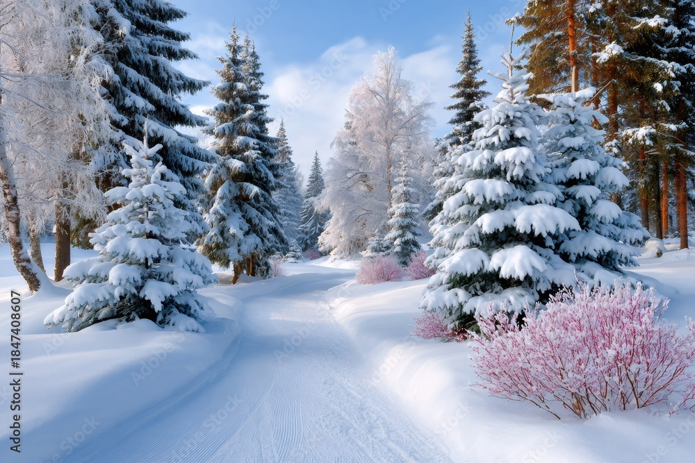 Fototapeta premium Snow path winding through a winter forest wonderland