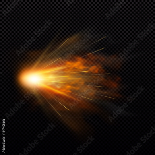 Gun shot with orange fire and smoke effect, weapon fiery blast trail, vector realistic flying bullet gun explosion flash
