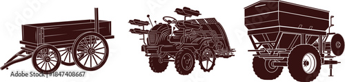 Vintage Farm Equipment Silhouettes Including Wagon Tractor and Grain Cart agriculture farming
