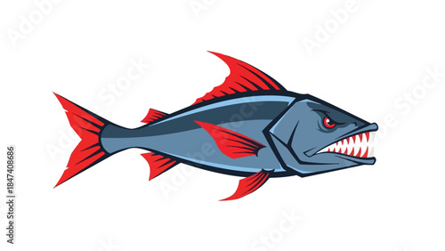 Menacing Deep Sea Predator Illustration with Sharp Teeth and Striking Red Fins Vector Artwork on White Background