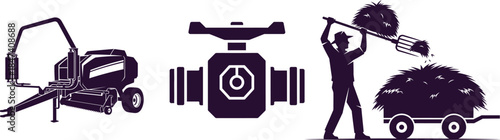 Agricultural Icons Featuring Baler Valve and Farmer with Hay agriculture farming