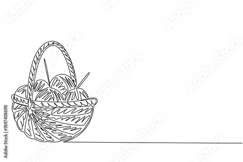 Charming continuous line drawing of a woven basket filled with yarn balls and knitting needles, celebrating Worldwide Knit in Public Day, symbolizing craft, creativity, and shared tradition.