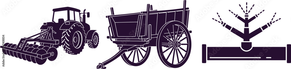 Fototapeta premium Farm Icons Showing Tractor with Plow Horse Drawn Cart and Sprinkler agriculture farming