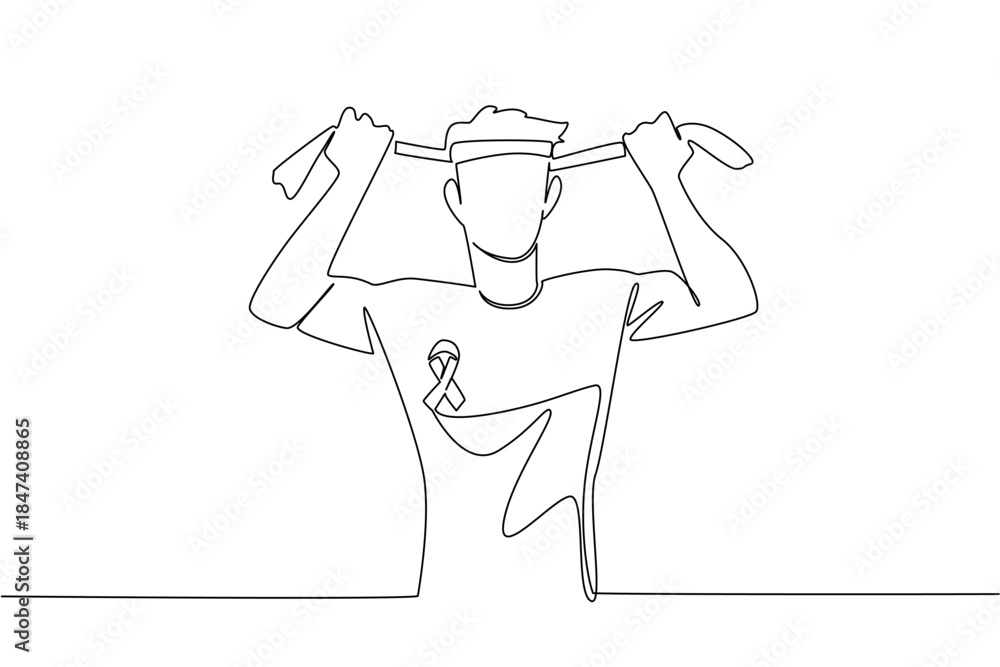 Fototapeta premium Single line drawing of young man with boxing wrap and cancer ribbon shirt, symbolizing National Cancer Thriver Day, designed as a health concept illustration theme for awareness and strength.