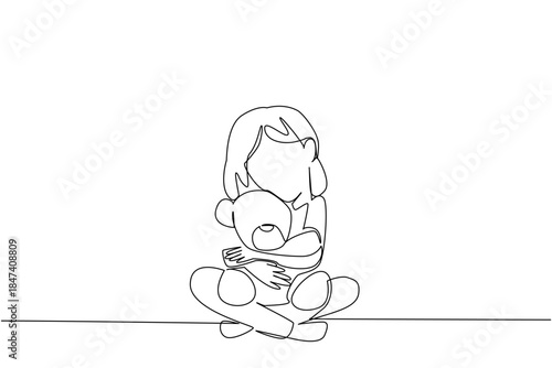Single line drawing of a young girl hugging a teddy bear doll, reflecting love, warmth, and childhood innocence, designed for World Doll Day as a childhood concept and global celebration.