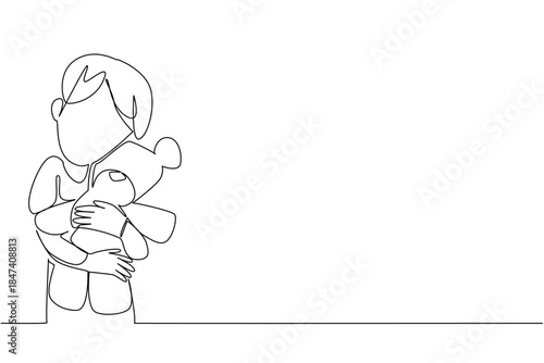 Continuous line drawing featuring a boy holding and hugging a teddy bear doll with affection, designed in a minimal style for World Doll Day, highlighting childhood concept and joy.