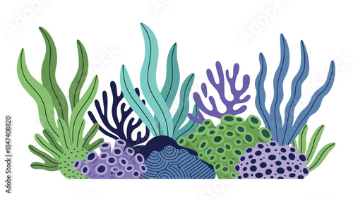Vibrant cartoon illustration of diverse underwater flora and fauna depicting a colorful coral reef ecosystem with various sea plants and vibrant