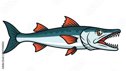 A vibrant cartoon barracuda illustration featuring a fierce predatory fish with sharp teeth and an open mouth ready to strike in the deep blue ocean