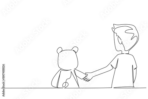 Continuous line drawing showing a boy holding hands with a teddy bear doll, symbolizing comfort and innocence, created for World Doll Day in a childhood concept theme.