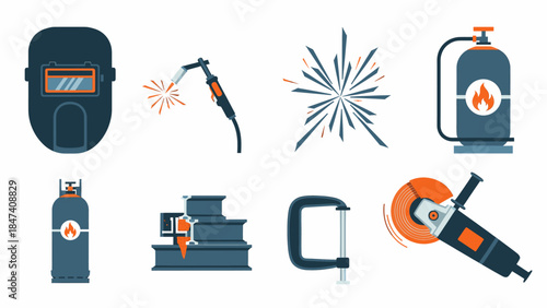Industrial tools and equipment set against a clean white background, viewed from a straightforward perspective