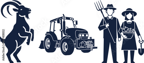 Farm Animals Tractor and Farmers with Harvest on White Background Keywords: goat, standing, jumping, tractor, farm vehicle