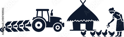 Farm scene with tractor plow hut and woman feeding chickens agriculture farming