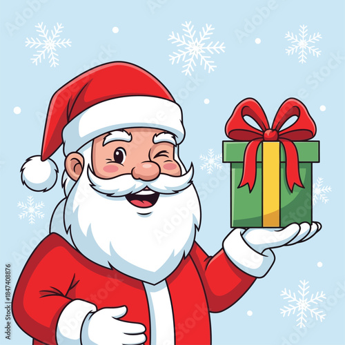 Jolly Santa Claus presenting a gift with a cheerful smile