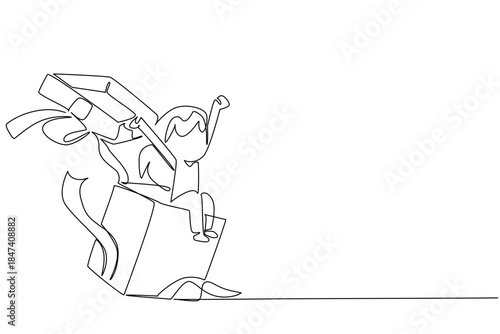 Smiling girl coming out of a big gift box in continuous line drawing style, symbolizing joy, play, and childhood excitement, reflecting a happy kids concept for National Kids Day theme.