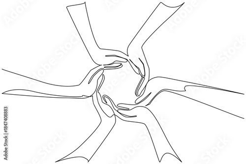 Continuous line drawing of hands arranged in a circle, representing harmony, teamwork, and global friendship for Race Unity Day. A unity concept artwork for peace and justice.
