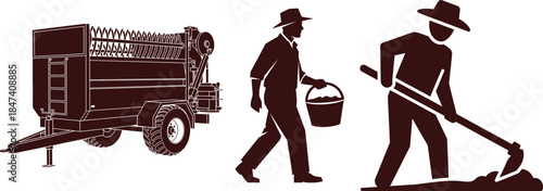 Farm Trailer Farmer with Bucket and Farmer Digging Soil on White Background Keywords: farm trailer, agricultural trailer, hay baler