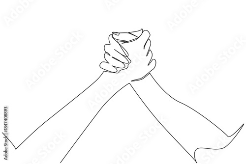 Single line drawing shows two hands clasped firmly, representing support, compassion, and partnership on Race Unity Day. A unity concept artwork for equality and peace.