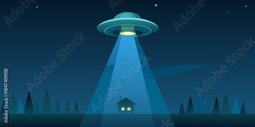A glowing ufo hovers above a small house and dark silhouetted trees