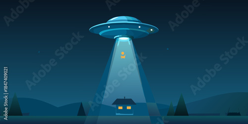 A glowing ufo hovers over a small house emitting a bright beam of light