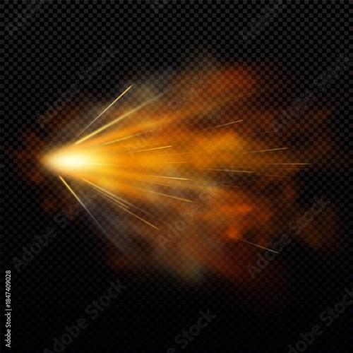 Gun shot with orange fire and smoke effect, weapon firing blast, vector realistic gun explosion flash shoot flame trail