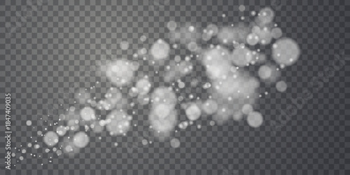 Festive sparkling dust white PNG. Bokeh Christmas glowing light effect. Soft white bokeh light circles float on a transparent background, glowing effect perfect for overlays, festive designs