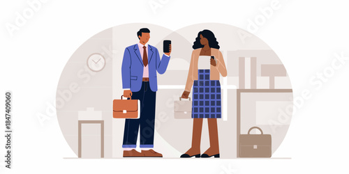 Business professionals discussing while standing in a modern office reception area