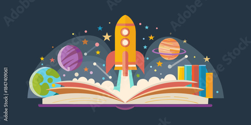 A rocket launching from an open book amidst planets and stars