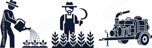 Farmer watering crops with sickle and water pump machine agriculture farming