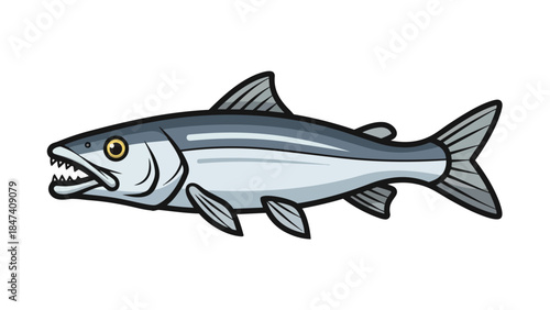 Stylized predatory fish illustration with sharp teeth and fierce yellow eye swimming horizontally