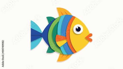 A vibrant, cheerful, layered fish illustration with bright colors and a friendly face, ideal for kids' projects and marine themes. This graphic