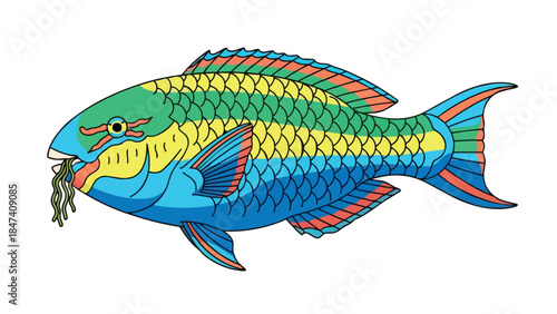 An enchanting illustration of a vividly colorful tropical fish, adorned with striking green, yellow, and blue scales. This captivating creature eats
