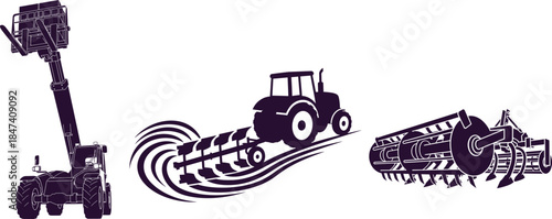 Agricultural Equipment Silhouettes Including Forklift Tractor with Plow and Cultivator