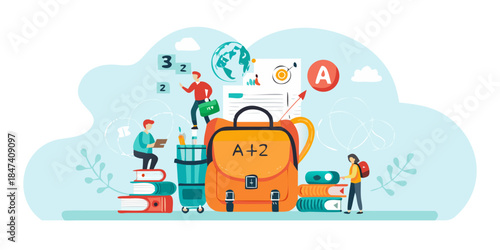 Education and travel concept students with books and a travel bag