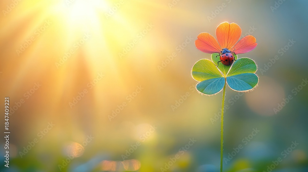Obraz premium Ladybug on vibrant clover in sunlight
