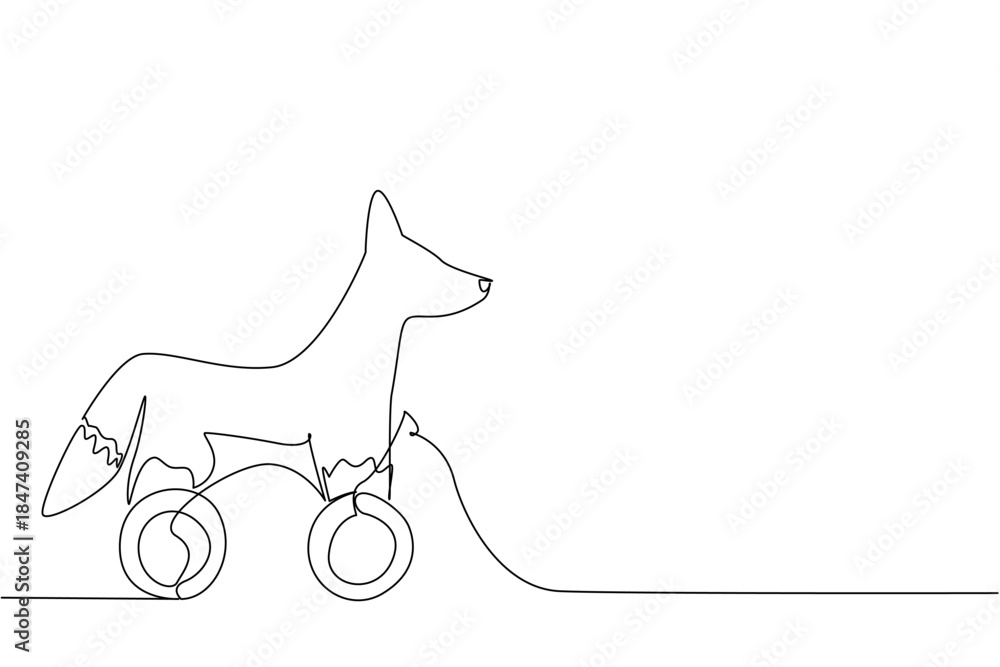 Fototapeta premium Minimalist continuous line drawing of a fox toy on wheels, symbolizing playful charm. Nature concept with theme of wooden animal toys for kids on International Toy Day.