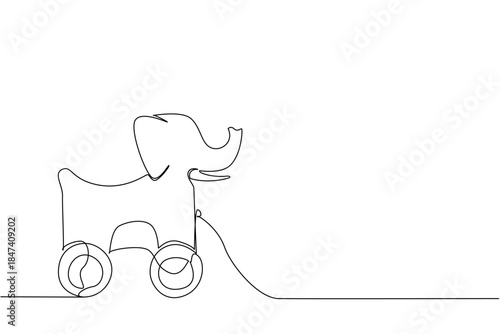 Continuous line drawing of an elephant shaped wooden pull toy with wheels, minimalist and simple, creative design for children toy art, animal illustration, and family concepts.