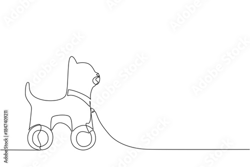 One line drawing of a cat shaped wooden pull toy with wheels, minimalist and fun, designed for children play, childhood creativity, and simple toy illustration artwork. Cat character