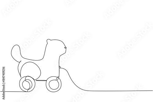 Single line drawing of a beaver shaped wooden toy on wheels, designed in minimalist style. This design concept captures playful childhood creativity, cute animal toys, and wooden craft objects.