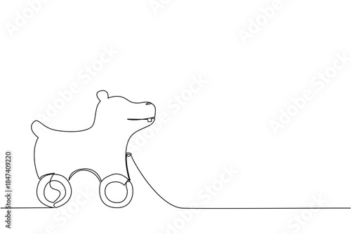 Single line drawing of a hippopotamus shaped wooden toy with wheels, created in minimalist style. This design concept highlights playful childhood objects, creativity, and wooden animal toys.