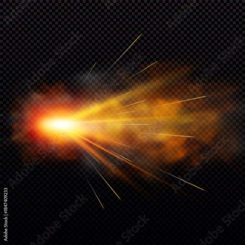 A realistic fire cloud from a pistol shot, with sparks and smoke.