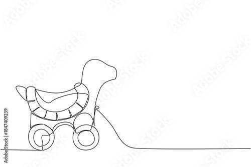 Playful continuous line drawing of a turtle toy on wheels, symbolizing patience and fun. Nature concept with International Turtle Day theme in a minimalist children art style.