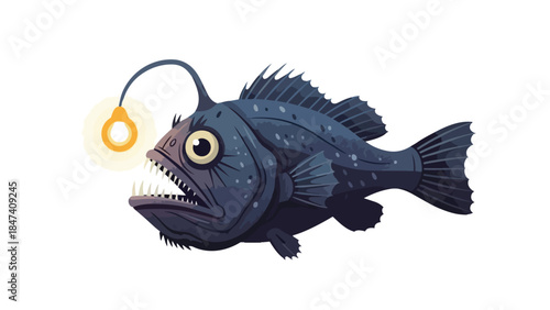 Menacing deep sea anglerfish illustration with illuminating lure depicting a stylized creature of the abyss ready to attract prey in darkness an