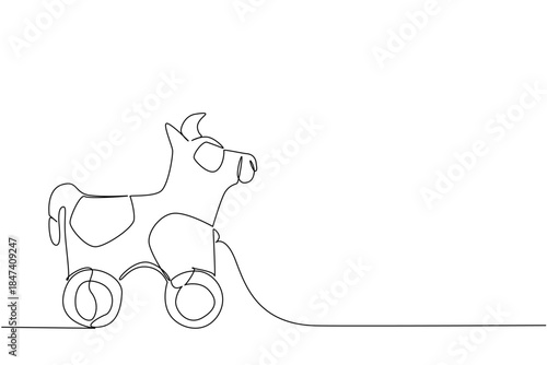 Minimal continuous line drawing of a cow toy on wheels, evoking farm life and play. Nature concept with International Farm Animal Day theme for children toy art.