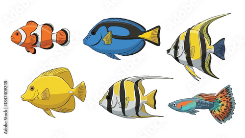 Vibrant collection of diverse cartoon aquatic creatures displaying varied patterns and hues, a lively depiction of ocean life and freshwater species