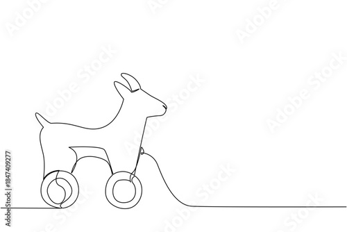 Playful continuous line drawing of a goat toy on wheels, reflecting farmyard charm. Nature concept with World Animal Day theme in minimalist children toy design.
