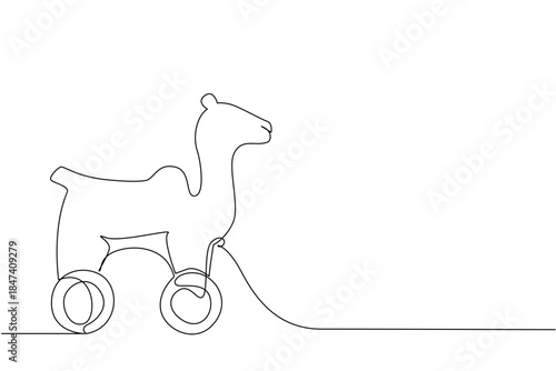 Minimalist single line drawing of a camel toy on wheels, blending desert animal charm with playful creativity. Unique children concept art ideal for educational and decorative designs.