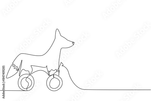Minimalist continuous line drawing of a fox toy on wheels, symbolizing playful charm. Nature concept with theme of wooden animal toys for kids on International Toy Day.