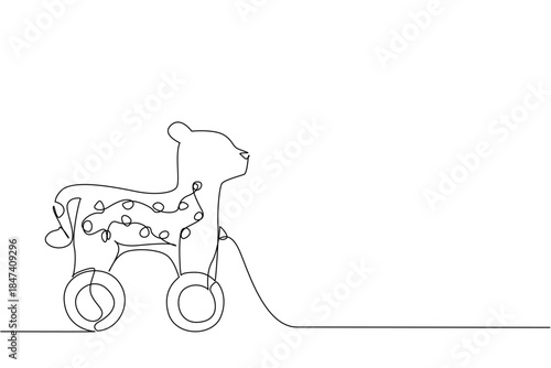 Creative single line drawing of a cheetah toy on wheels, blending wild speed with playful design. A minimalist children concept art perfect for education, decor, and modern illustration.