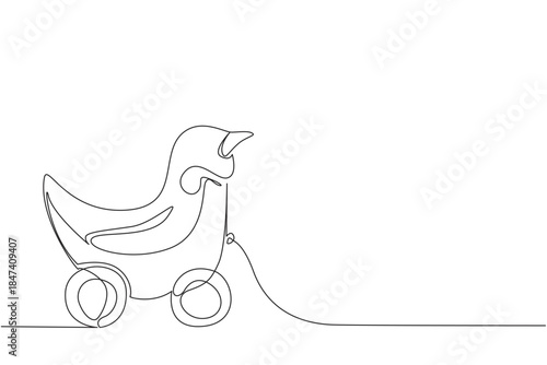Minimalist penguin wooden wheeled toy illustrated in single line drawing style, blending playful cartoon design concept with simple strokes, ideal for children decoration and decorative artwork.