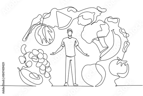 Continuous line drawing of a man with fruits and vegetables surrounding him, symbolizing health, nutrition, and eco-friendly lifestyle in celebration of Eat Flexitarian Day as a wellness concept.